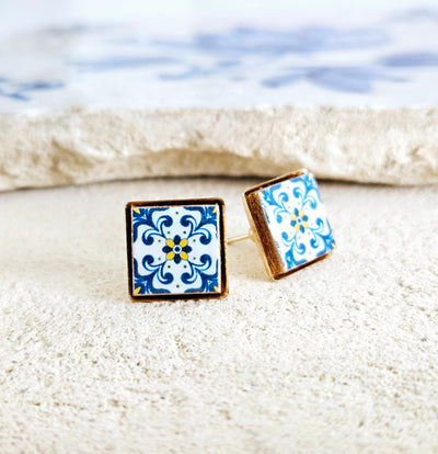 Portugal Blue Tile GOLD Stud Earring Small Square Tile Post Portuguese Azulejo Geometric Blue White Wife Gift Travel Handmade Jewelry Gift