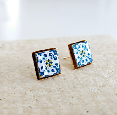 Portugal Blue Tile GOLD Stud Earring Small Square Tile Post Portuguese Azulejo Geometric Blue White Wife Gift Travel Handmade Jewelry Gift