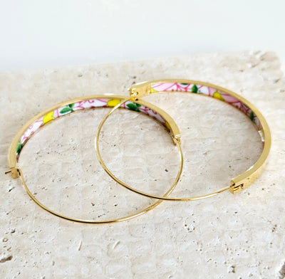 Pink GOLD HOOP Tile Earring Portugal Flat Steel Azulejo PORTO Green Gold Floral Hoop Historical Jewelry Whimsical Portuguese Tile Mom Gift