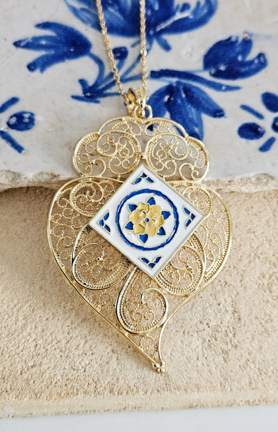 Filigree Heart Gold Necklace Viana Heart Azulejo Pendant Portugal Jewelry Flower Blue White Enamel Tile Large Gold Necklace Valentine's Gift