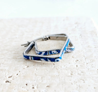 BLUE Square Silver HOOP Tile Earring Blue Portugal Thin STEEL Azulejo Delicate Small Hoop Fashion Gift Birthday Jewelry Gift for Her