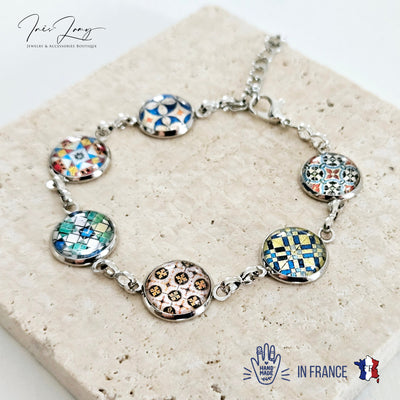 Portuguese Round Tile Bracelet Majolica Mixed Azulejos Bracelet Portugal Mismatched Women Gift Stainless Steel Colorful Handmade Bracelet