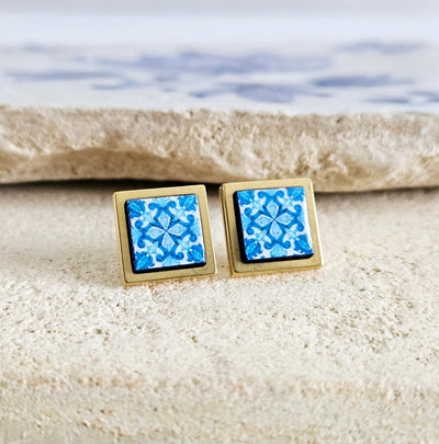 GOLD BLUE Tile Stud Earring Portugal Stainless STEEL Azulejo Minimalist Delicate Stud Earring Historical Jewelry Anniversary Gift for Her