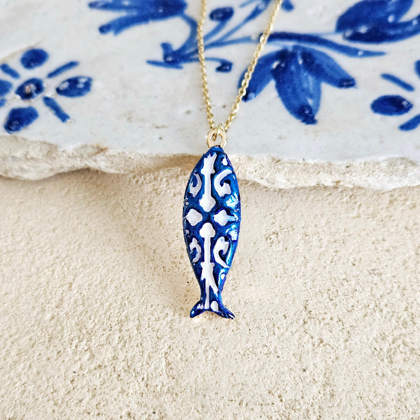 Portuguese Sardine Necklace Azulejo Fish Blue White Sardine Pendant Tile Gold Silver Filigree Charm Sardine Clay Jewelry Gift From Portugal