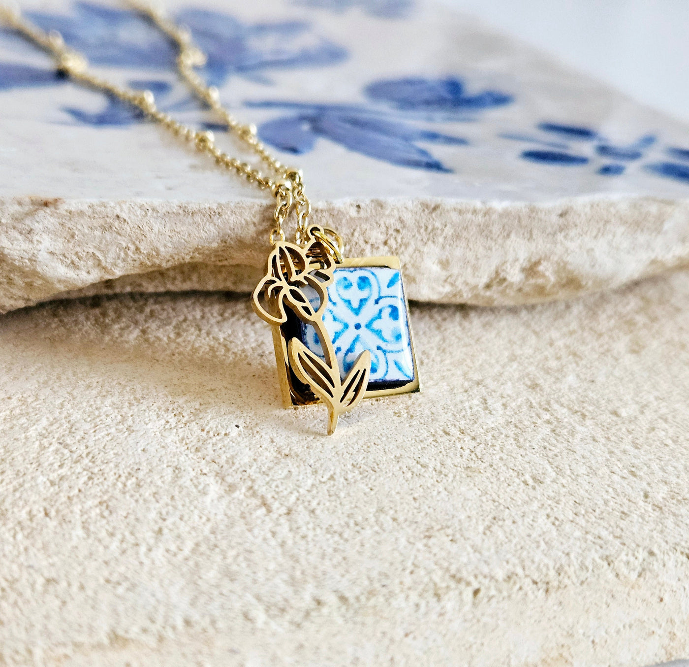 Flower Birth Necklace Portugal Tile Charm Pendant GOLD STEEL Custom Personalized Filigree Flower Charm Gold Portugal Necklace Birthday Gift
