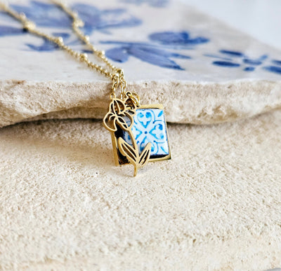 Flower Birth Necklace Portugal Tile Charm Pendant GOLD STEEL Custom Personalized Filigree Flower Charm Gold Portugal Necklace Birthday Gift