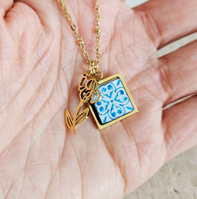 Flower Birth Necklace Portugal Tile Charm Pendant GOLD STEEL Custom Personalized Filigree Flower Charm Gold Portugal Necklace Birthday Gift