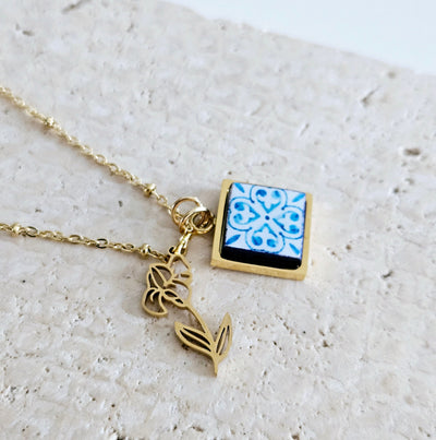 Flower Birth Necklace Portugal Tile Charm Pendant GOLD STEEL Custom Personalized Filigree Flower Charm Gold Portugal Necklace Birthday Gift