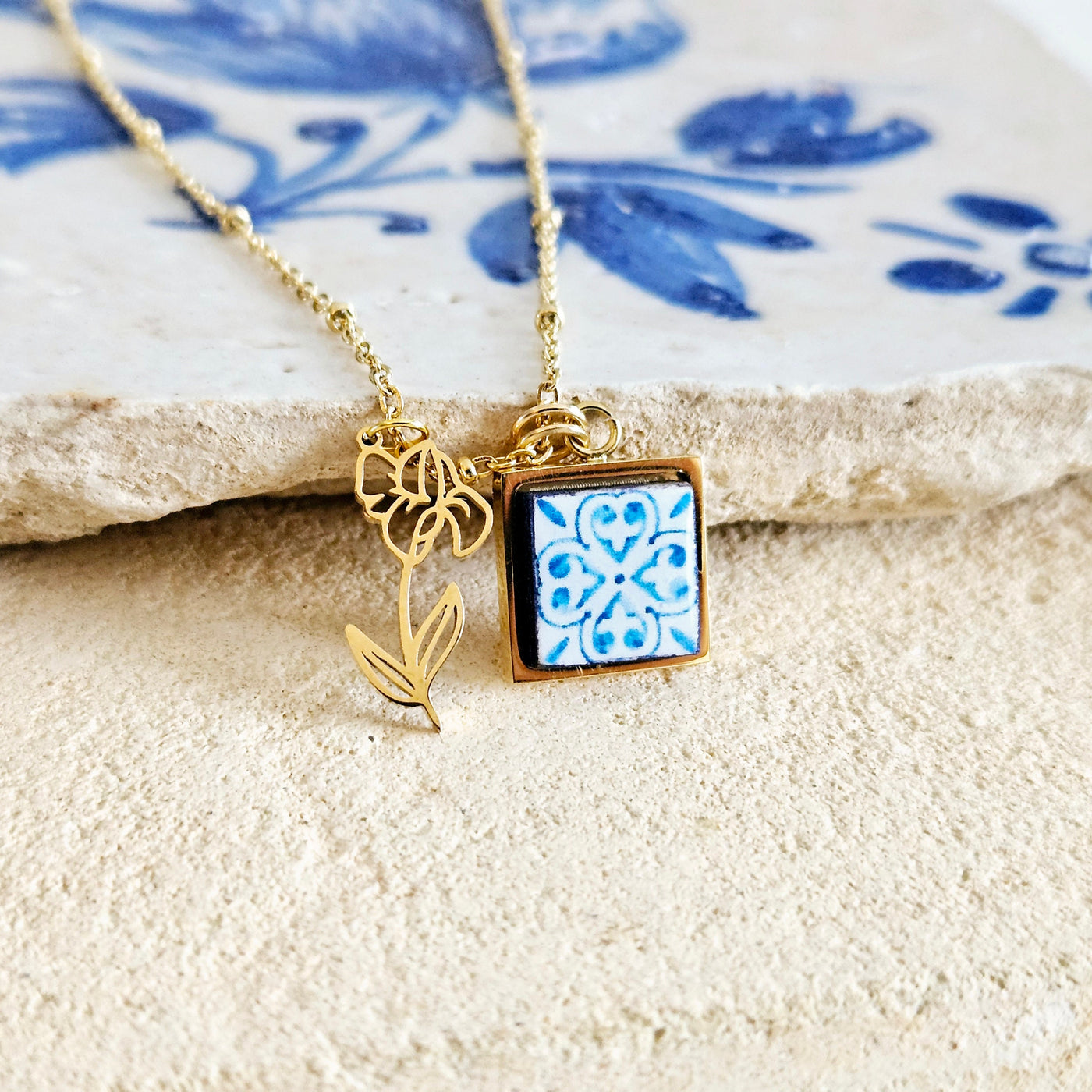 Flower Birth Necklace Portugal Tile Charm Pendant GOLD STEEL Custom Personalized Filigree Flower Charm Gold Portugal Necklace Birthday Gift