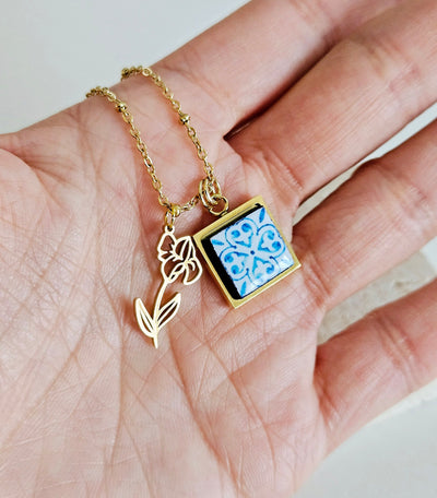 Flower Birth Necklace Portugal Tile Charm Pendant GOLD STEEL Custom Personalized Filigree Flower Charm Gold Portugal Necklace Birthday Gift