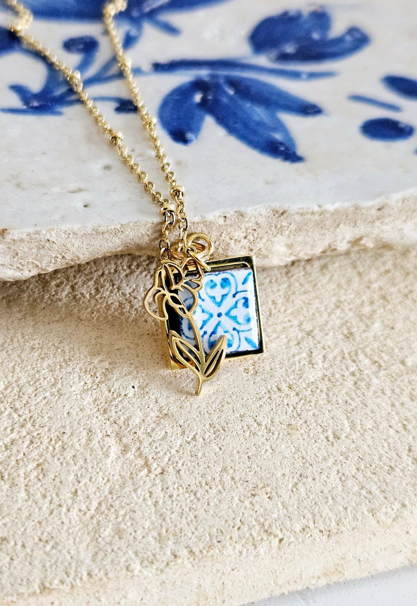 Flower Birth Necklace Portugal Tile Charm Pendant GOLD STEEL Custom Personalized Filigree Flower Charm Gold Portugal Necklace Birthday Gift