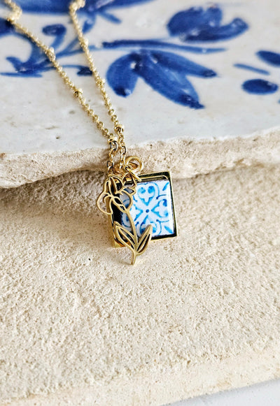 Flower Birth Necklace Portugal Tile Charm Pendant GOLD STEEL Custom Personalized Filigree Flower Charm Gold Portugal Necklace Birthday Gift