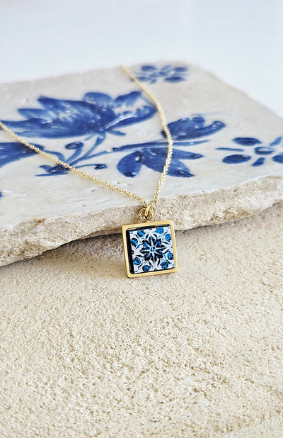 GOLD Porto Tile Charm Necklace Portuguese Blue White Tile Azulejo Gold Pendant Steel Square Necklace Tile Portugal Gift Handmade Souvenir