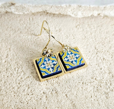 Portugal Azulejo Gold STEEL Earring Antique Tile Drop Earring Gold Flower Ear Wire Majolica Blue Yellow Tile Portugal Souvenir Gift for Mom