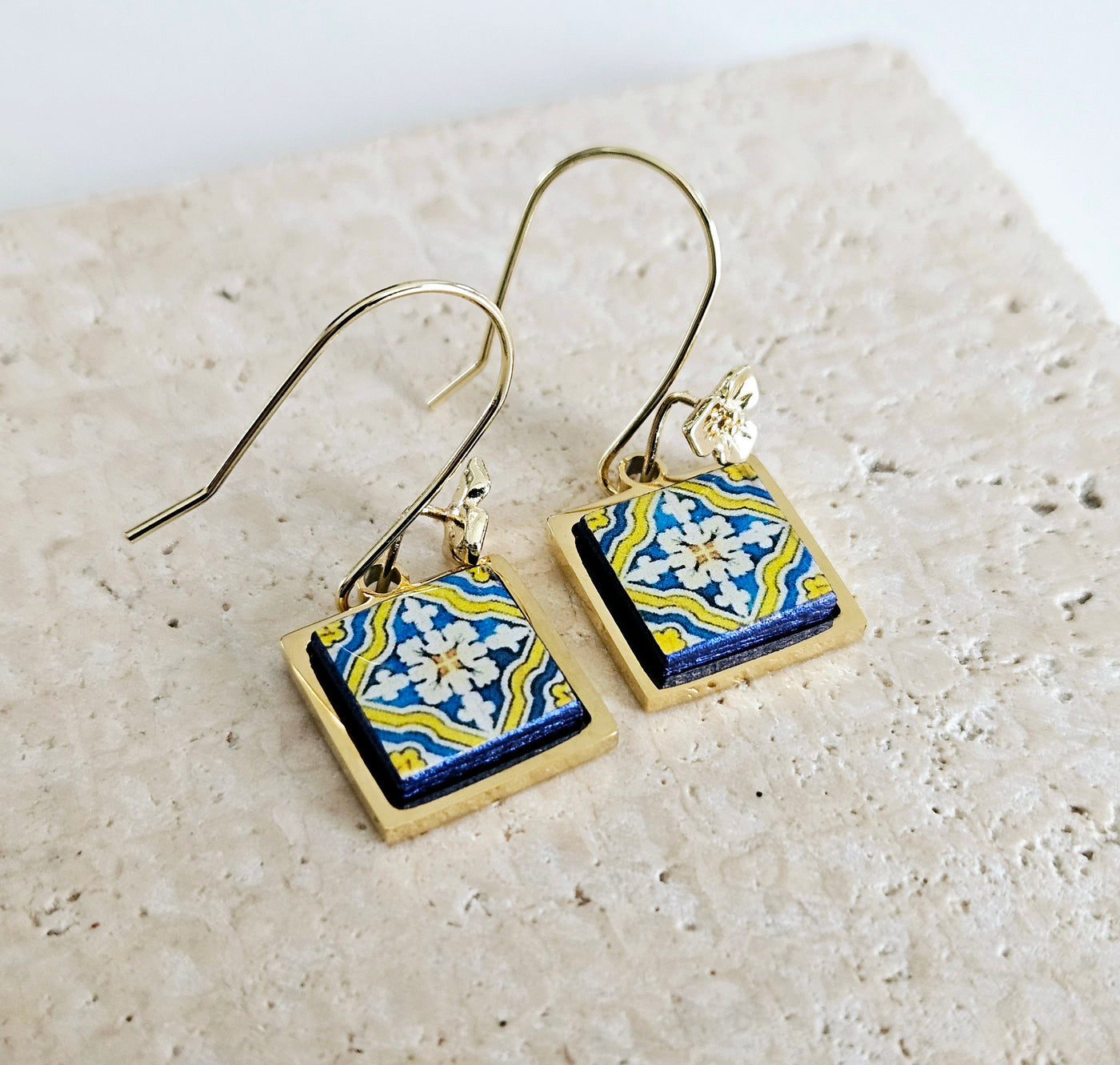 Portugal Azulejo Gold STEEL Earring Antique Tile Drop Earring Gold Flower Ear Wire Majolica Blue Yellow Tile Portugal Souvenir Gift for Mom