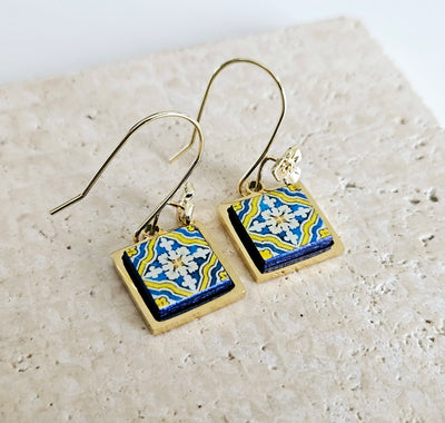 Portugal Azulejo Gold STEEL Earring Antique Tile Drop Earring Gold Flower Ear Wire Majolica Blue Yellow Tile Portugal Souvenir Gift for Mom