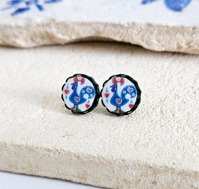 Portugal Rooster Stud Earring Galo Green Earring Portuguese Traditional Small Round Stud Blue Red Earring Europe Travel Rooster Jewelry Gift