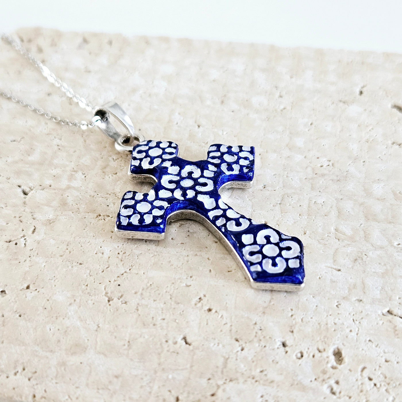 Blue Clay TILE CROSS Necklace Silver STEEL Azulejo Christian Gift Catholic Necklace Faith Gift for Soulmate Historical Portuguese Jewelry