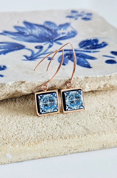 Portugal Tile Rose Gold Long Earring Square Drop Tile Earring Gold STEEL Antique Azulejo Jewelry Mother Gift for Her Wedding Earring Gift