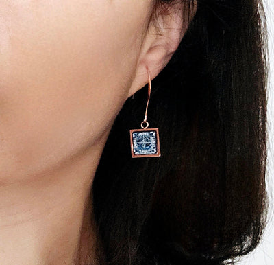 Portugal Tile Rose Gold Long Earring Square Drop Tile Earring Gold STEEL Antique Azulejo Jewelry Mother Gift for Her Wedding Earring Gift