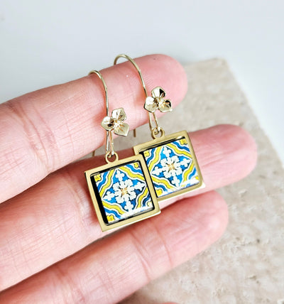 Portugal Azulejo Gold STEEL Earring Antique Tile Drop Earring Gold Flower Ear Wire Majolica Blue Yellow Tile Portugal Souvenir Gift for Mom