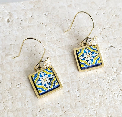 Portugal Azulejo Gold STEEL Earring Antique Tile Drop Earring Gold Flower Ear Wire Majolica Blue Yellow Tile Portugal Souvenir Gift for Mom