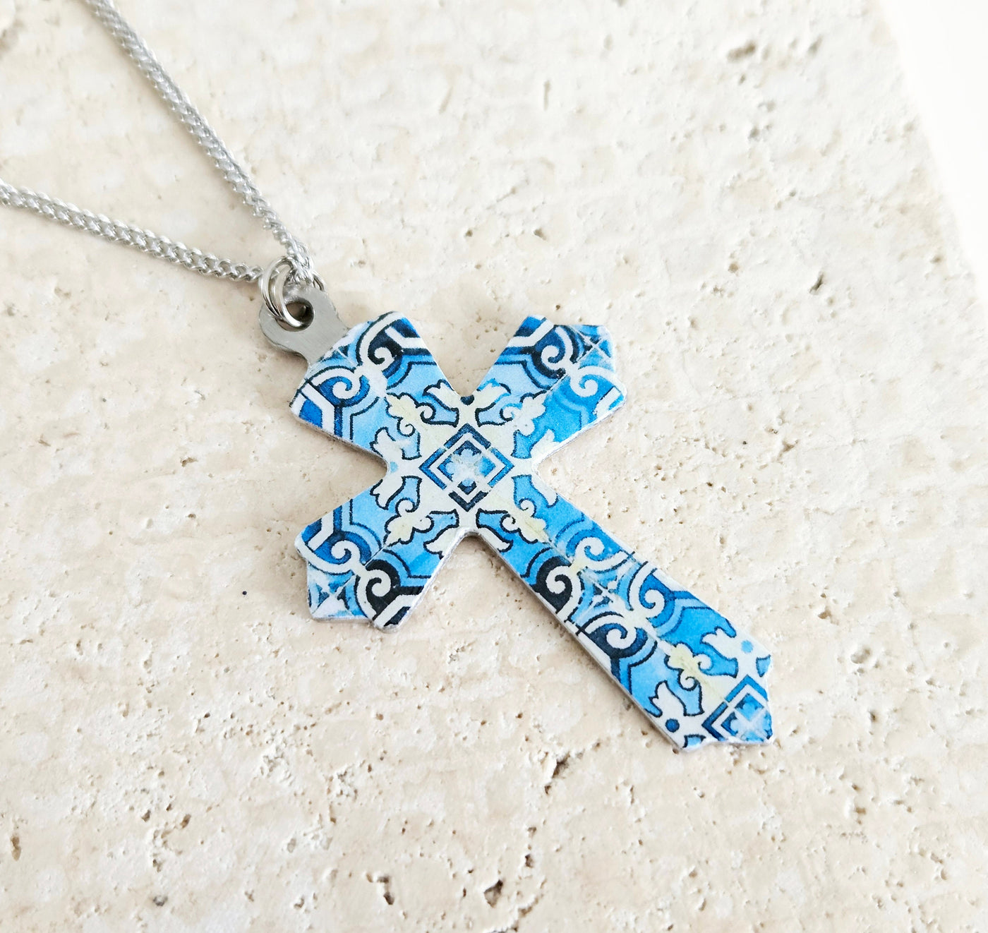 Blue TILE CROSS Necklace Stainless STEEL Azulejo Christian Gift Catholic Necklace Faith Gift for Soulmate Historical Portuguese Jewelry