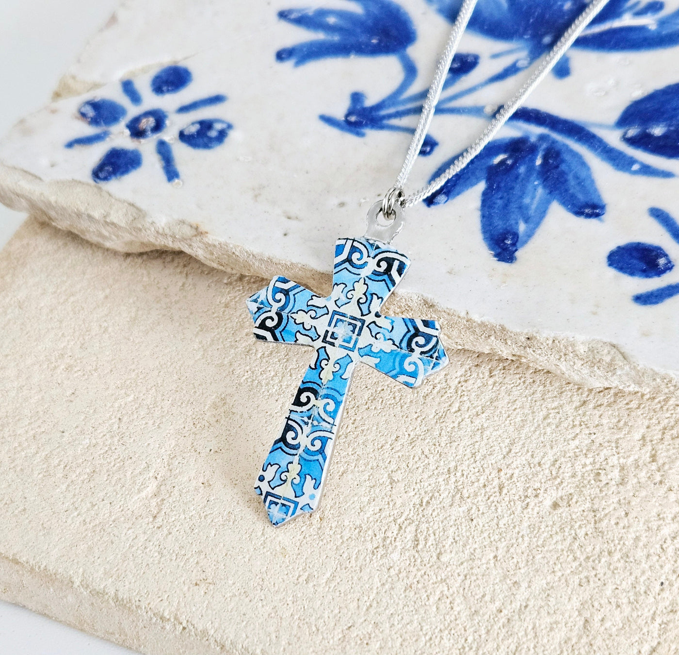 Blue TILE CROSS Necklace Stainless STEEL Azulejo Christian Gift Catholic Necklace Faith Gift for Soulmate Historical Portuguese Jewelry