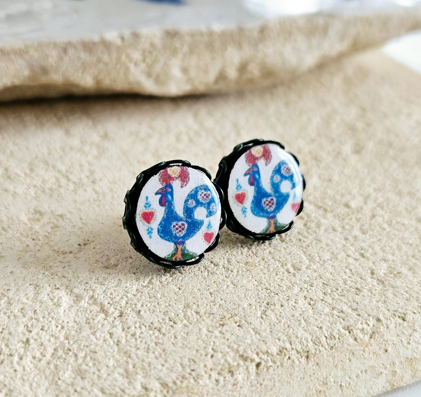 Portugal Rooster Stud Earring Galo Green Earring Portuguese Traditional Small Round Stud Blue Red Earring Europe Travel Rooster Jewelry Gift