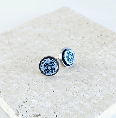 Portugal Antique Tile Stud Earring Small Round Blue White STEEL Earring Azulejo Portuguese Mom Gift Travel Mediterranean European Gift Tile