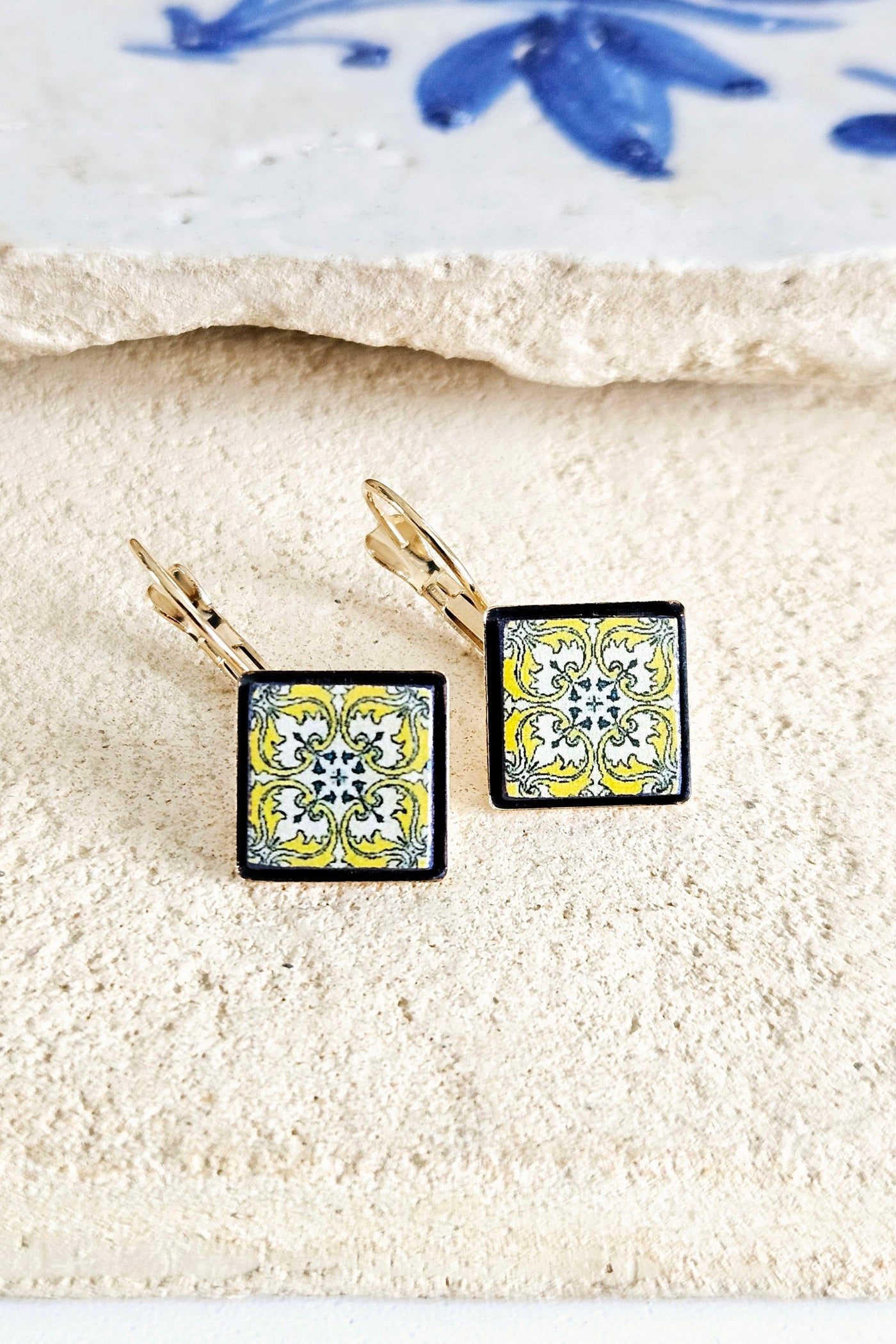 Yellow Portuguese Tile Earring Diamond Shape Drop GOLD Earring Azulejo Jewelry Mother Anniversary Gift for Women Travel Mediterranean Gift