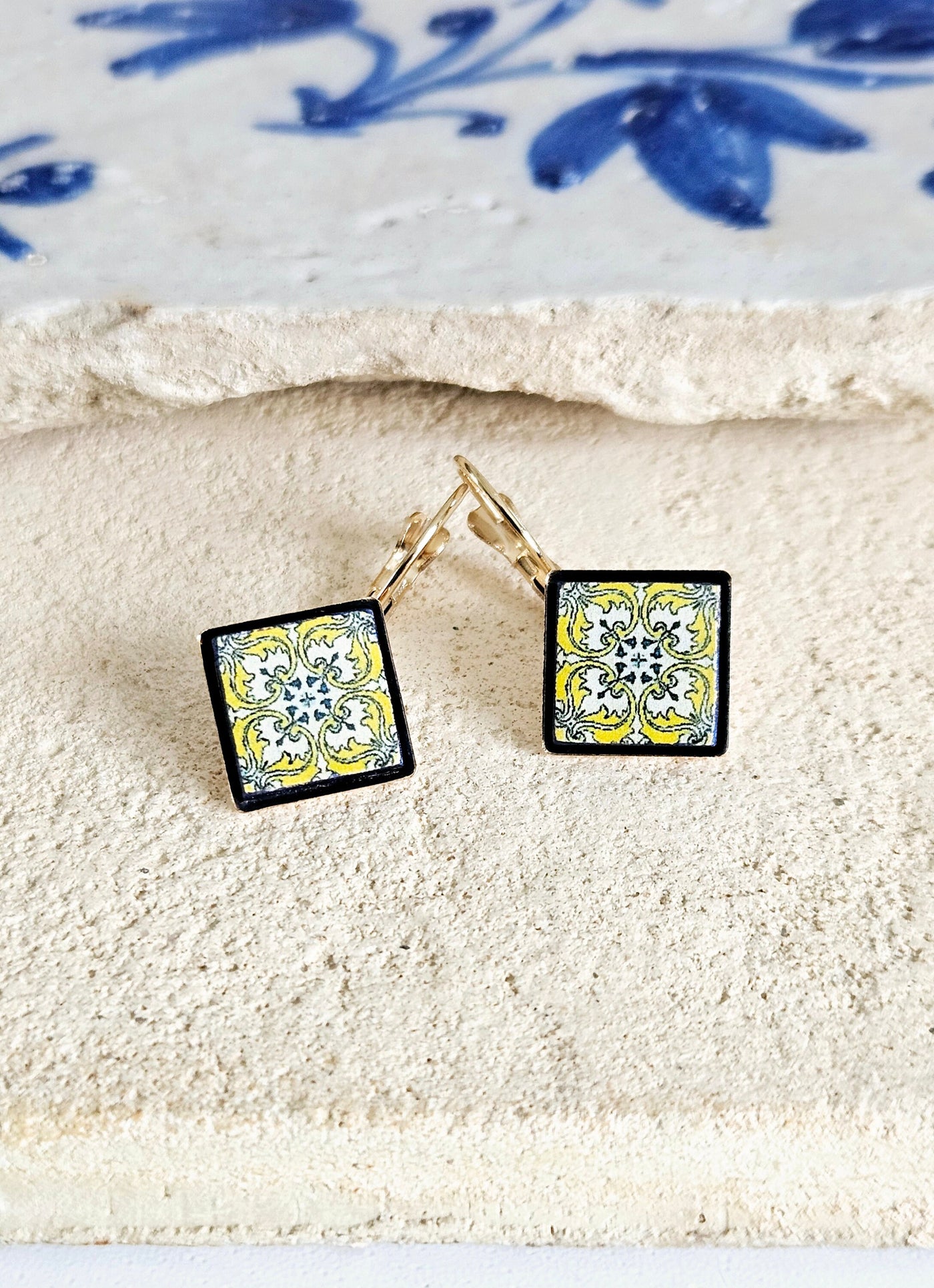 Yellow Portuguese Tile Earring Diamond Shape Drop GOLD Earring Azulejo Jewelry Mother Anniversary Gift for Women Travel Mediterranean Gift