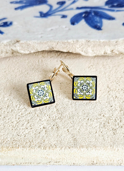 Yellow Portuguese Tile Earring Diamond Shape Drop GOLD Earring Azulejo Jewelry Mother Anniversary Gift for Women Travel Mediterranean Gift