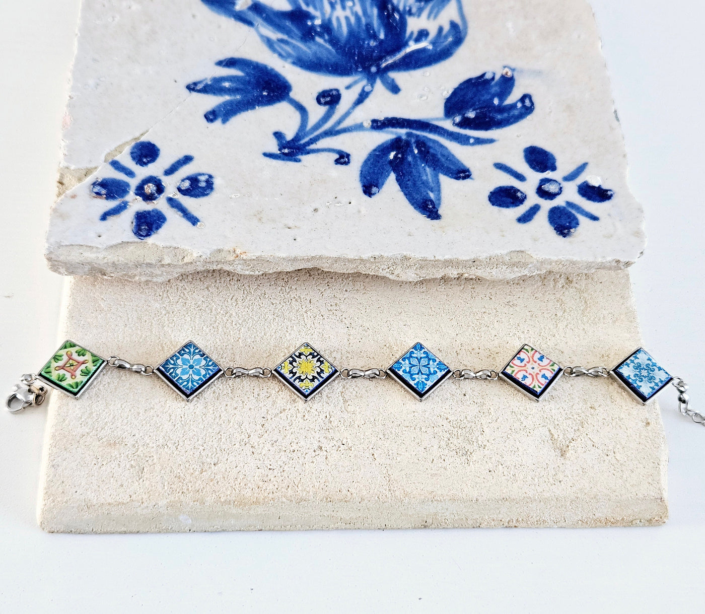 Portuguese Square Tile Bracelet Majolica Mixed Azulejos Bracelet Portugal Mismatched Women Gift Stainless Steel Colorful Handmade Bracelet