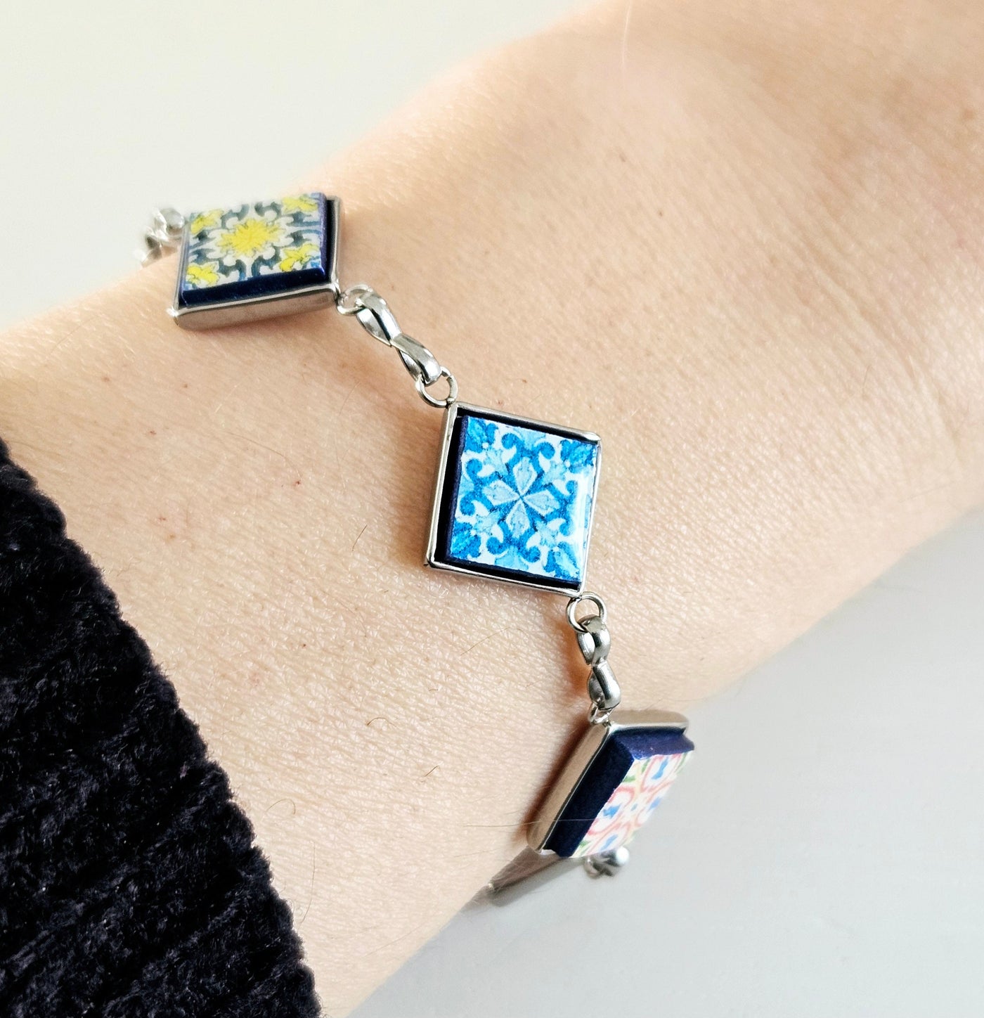 Portuguese Square Tile Bracelet Majolica Mixed Azulejos Bracelet Portugal Mismatched Women Gift Stainless Steel Colorful Handmade Bracelet