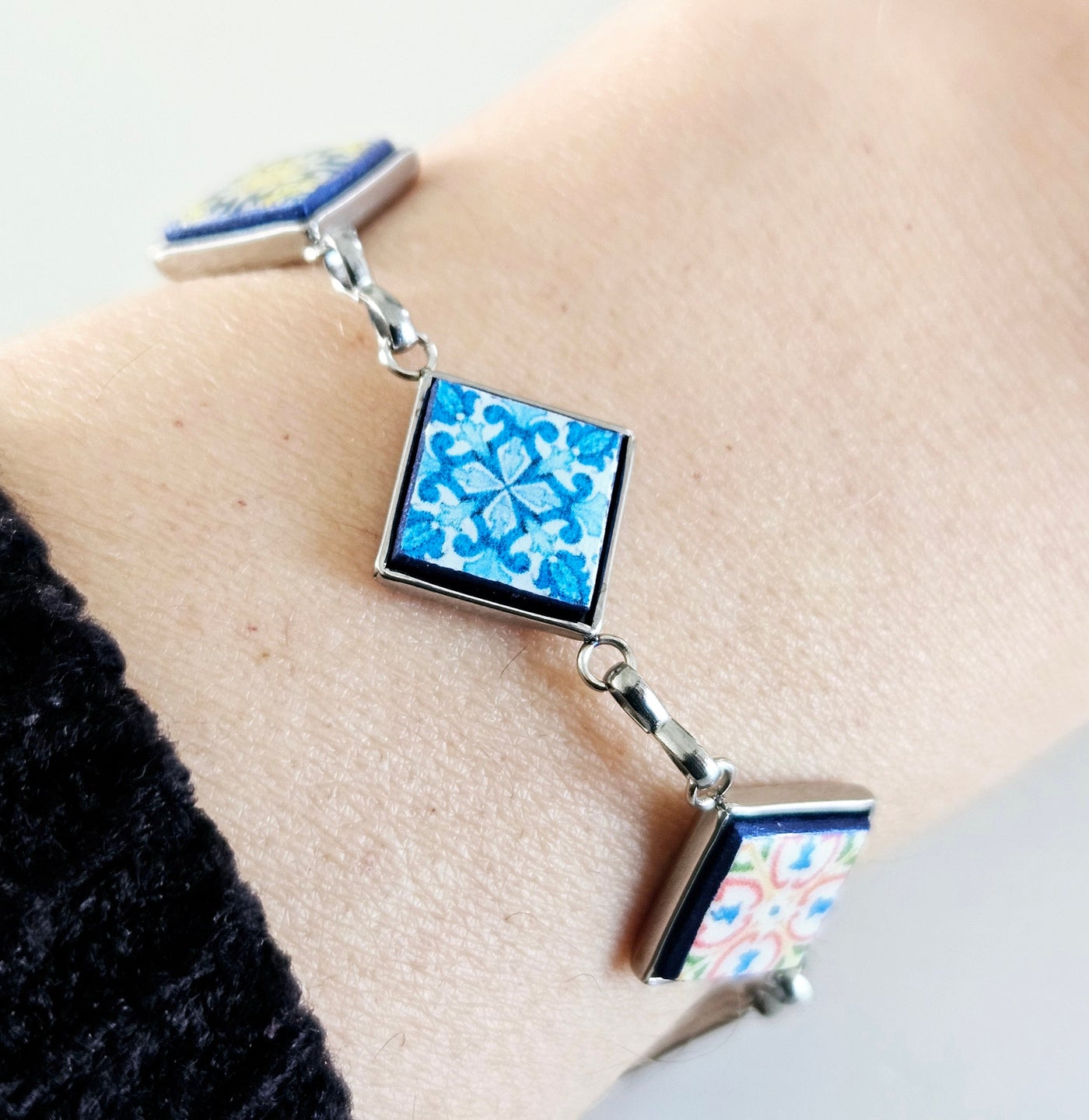 Portuguese Square Tile Bracelet Majolica Mixed Azulejos Bracelet Portugal Mismatched Women Gift Stainless Steel Colorful Handmade Bracelet