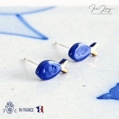 Ceramic Sardine Stud Earring 925 Silver Post Earring Royal Blue Porcelain Earring Gold Tail Small Fish Earring Clay Tile Studs Ocean Jewelry