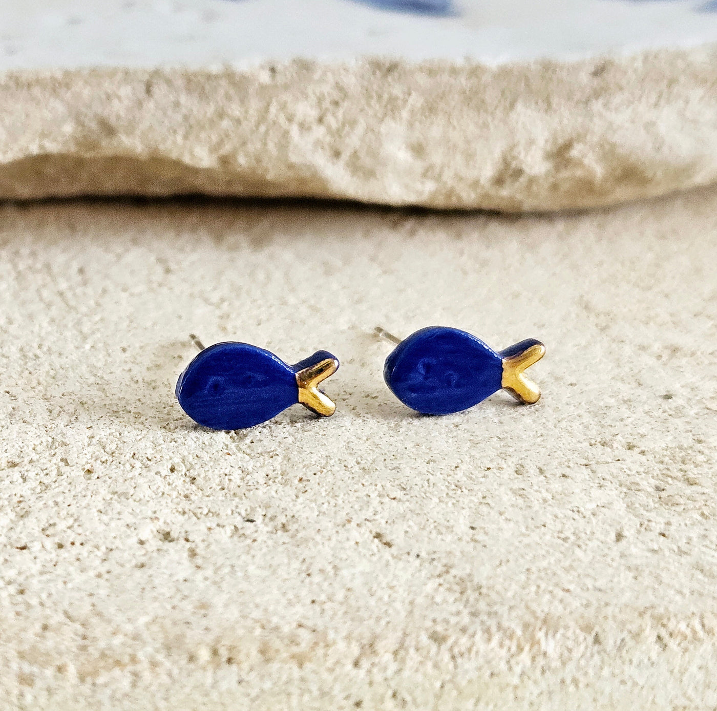 Ceramic Sardine Stud Earring 925 Silver Post Earring Royal Blue Porcelain Earring Gold Tail Small Fish Earring Clay Tile Studs Ocean Jewelry