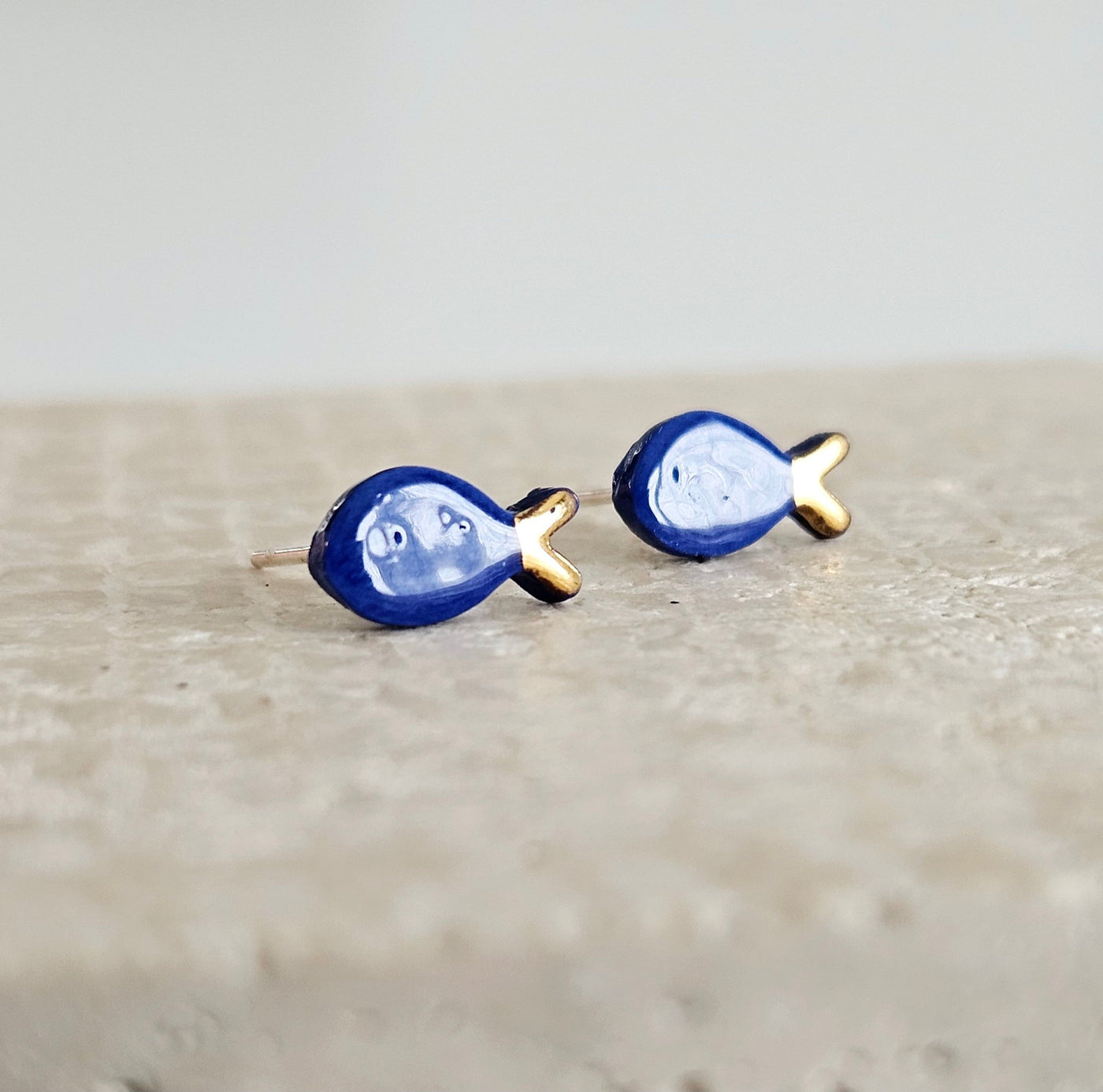 Ceramic Sardine Stud Earring 925 Silver Post Earring Royal Blue Porcelain Earring Gold Tail Small Fish Earring Clay Tile Studs Ocean Jewelry