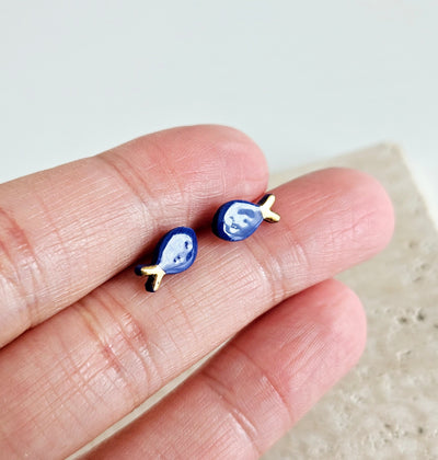 Ceramic Sardine Stud Earring 925 Silver Post Earring Royal Blue Porcelain Earring Gold Tail Small Fish Earring Clay Tile Studs Ocean Jewelry