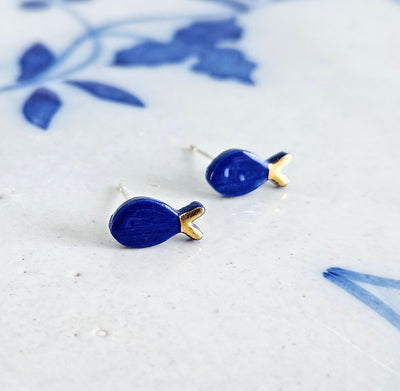 Ceramic Sardine Stud Earring 925 Silver Post Earring Royal Blue Porcelain Earring Gold Tail Small Fish Earring Clay Tile Studs Ocean Jewelry