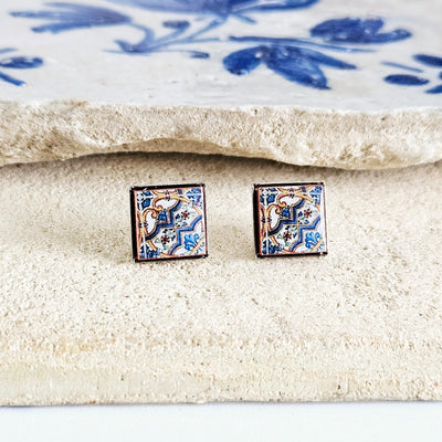 Portugal Antique Tile Stud Earring Portuguese Azulejo Vintage Blue Pattern Tile Post Earring Mother Gift Mediterranean Travel Vacation Gift