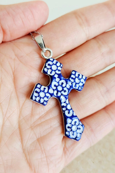 Blue Clay TILE CROSS Necklace Silver STEEL Azulejo Christian Gift Catholic Necklace Faith Gift for Soulmate Historical Portuguese Jewelry