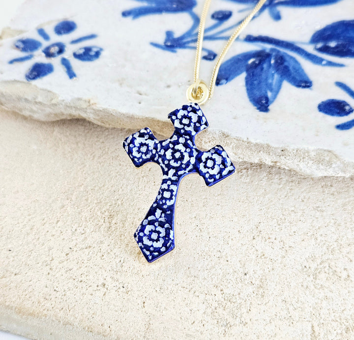 Blue Clay Gold Cross Necklace w/ Portuguese Tile Azulejos – ineslamy