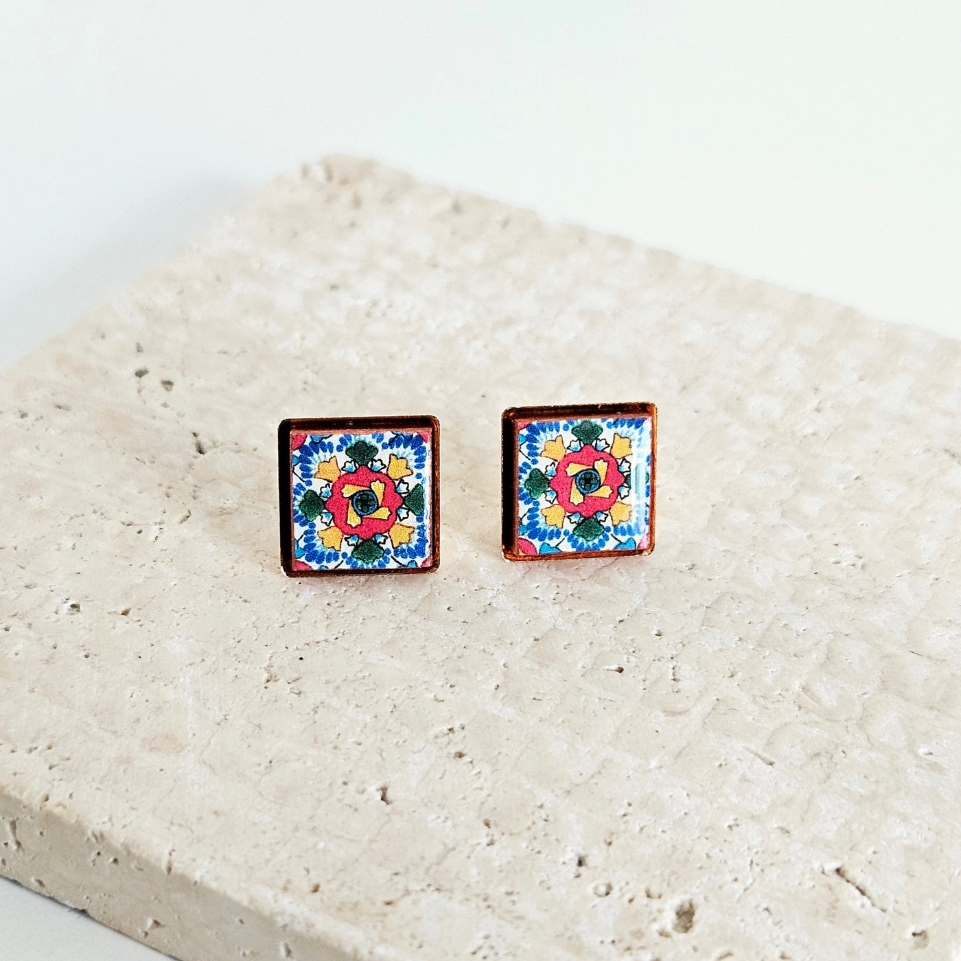 Mexican Tile Stud Earring Talavera Colorful Rainbow Jewelry Mexico Summer Small Stud Square Tile Floral Jewelry Spanish Latina Mother Gift