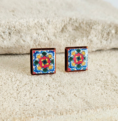 Mexican Tile Stud Earring Talavera Colorful Rainbow Jewelry Mexico Summer Small Stud Square Tile Floral Jewelry Spanish Latina Mother Gift