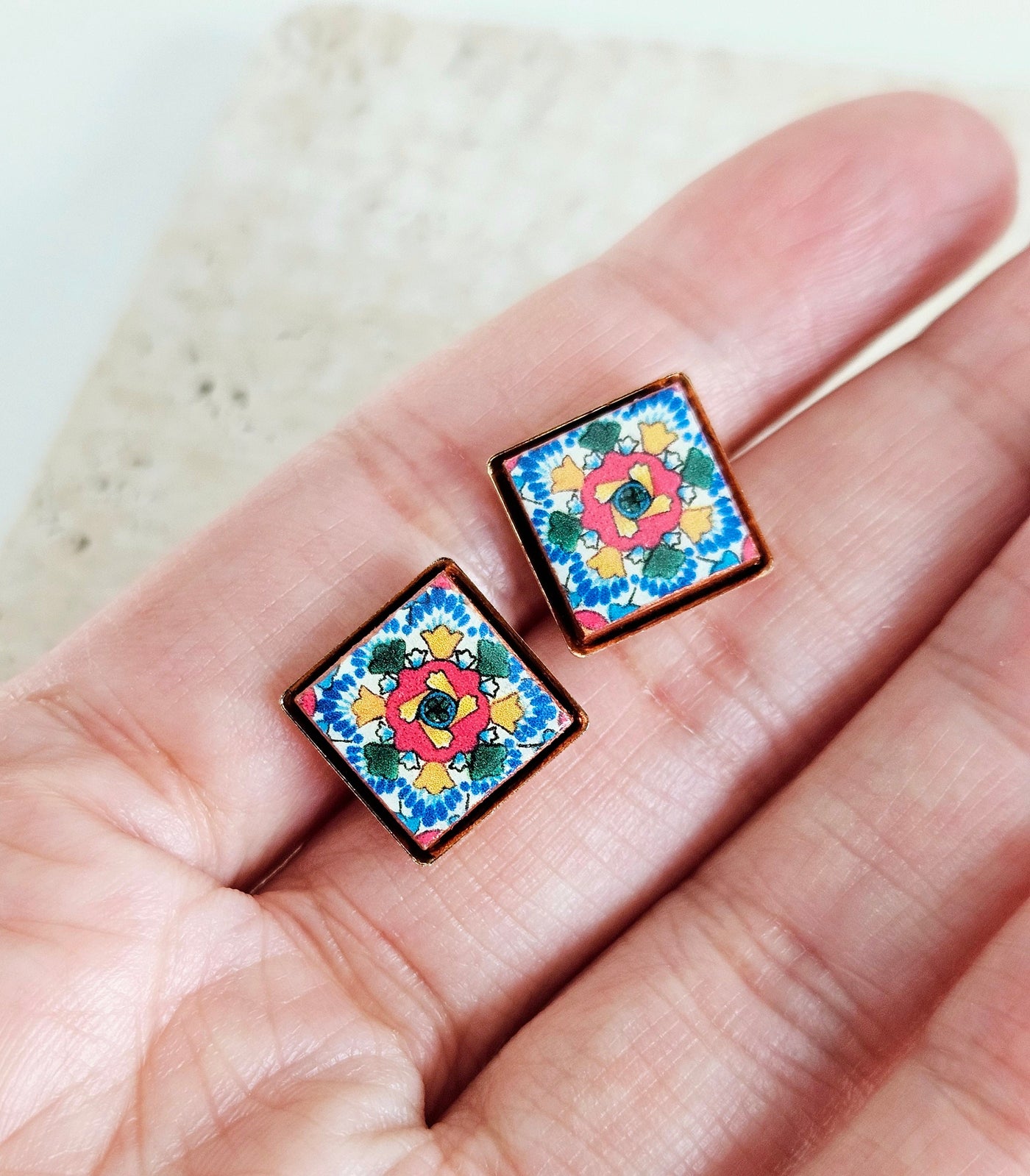 Mexican Tile Stud Earring Talavera Colorful Rainbow Jewelry Mexico Summer Small Stud Square Tile Floral Jewelry Spanish Latina Mother Gift