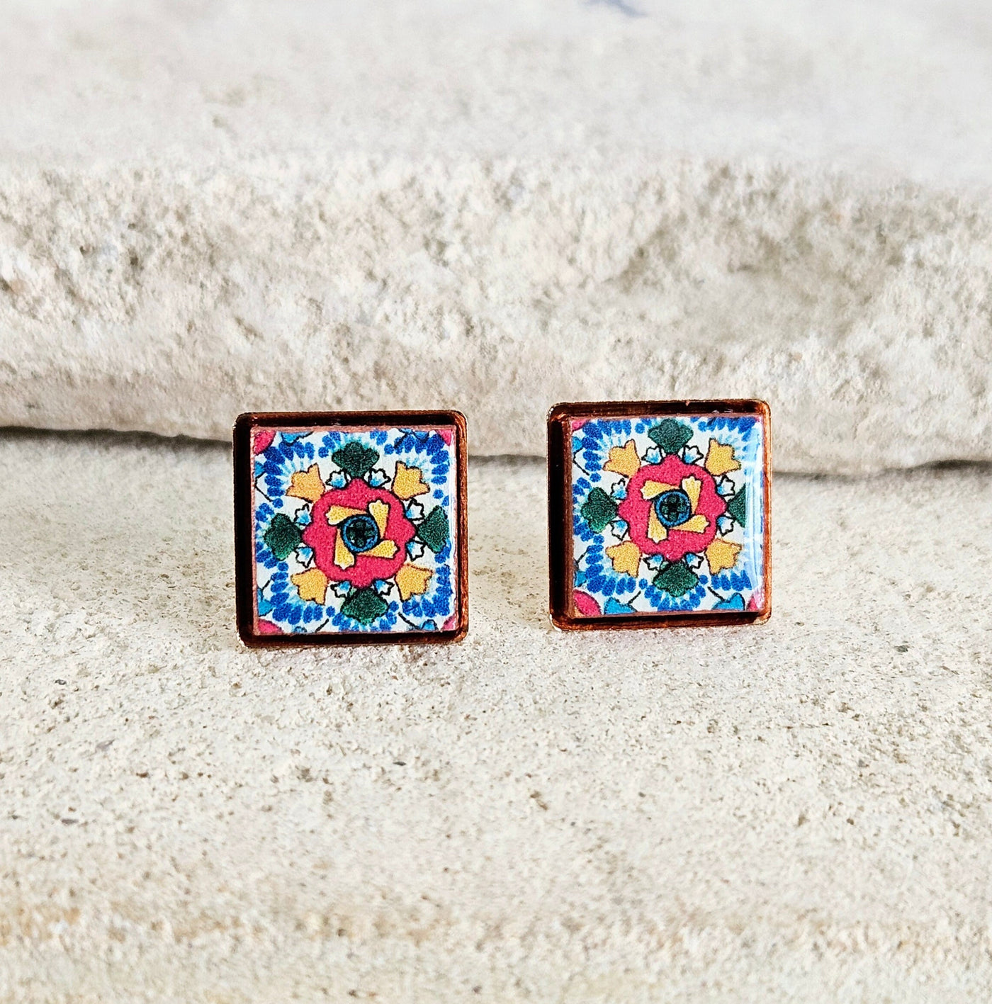 Mexican Tile Stud Earring Talavera Colorful Rainbow Jewelry Mexico Summer Small Stud Square Tile Floral Jewelry Spanish Latina Mother Gift