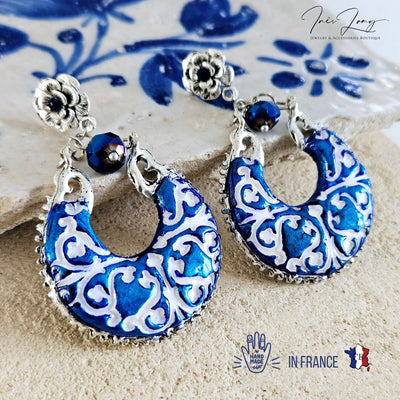 Azure Ceramic Portuguese Clay Drop Earring Navy Blue Earring Portugal Ceramic Sapphire Blue Jewelry Tile Blue White Clay Chandelier Earring