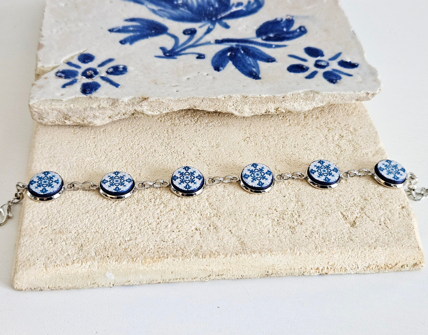 Portugal Antique Majolica Delft Blue Tile Silver STEEL Bracelet Small Round Azulejos Bracelet Adjustable Size Handmade Travel Gift for Her